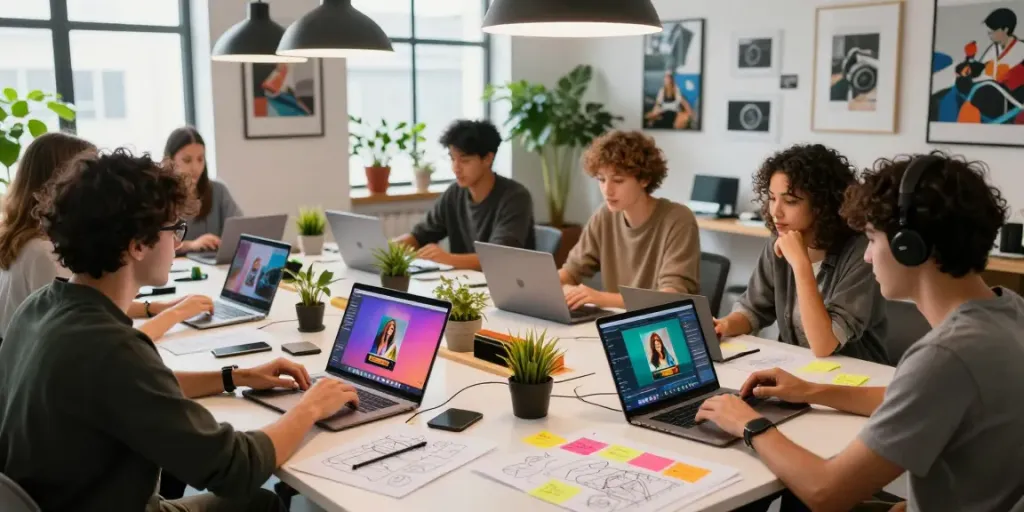 Artists collaborating on AI-powered visuals at typeshutter.com workspace.