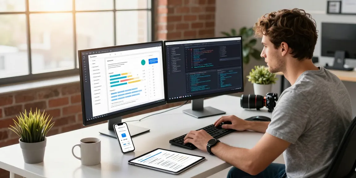 Buy android installs through seamless app development, featuring a developer focused on a dual-monitor setup in a vibrant workspace.