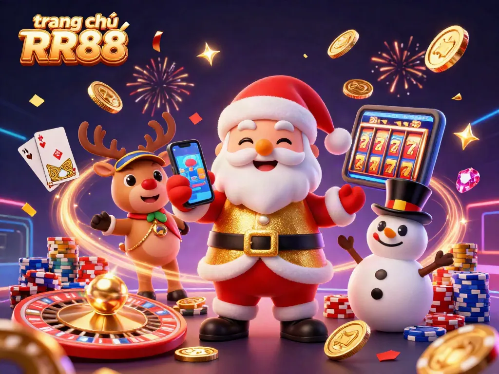 Spin the reels at trang chủ RR88 with Santa, a reindeer dealer, and a poker chip snowman.