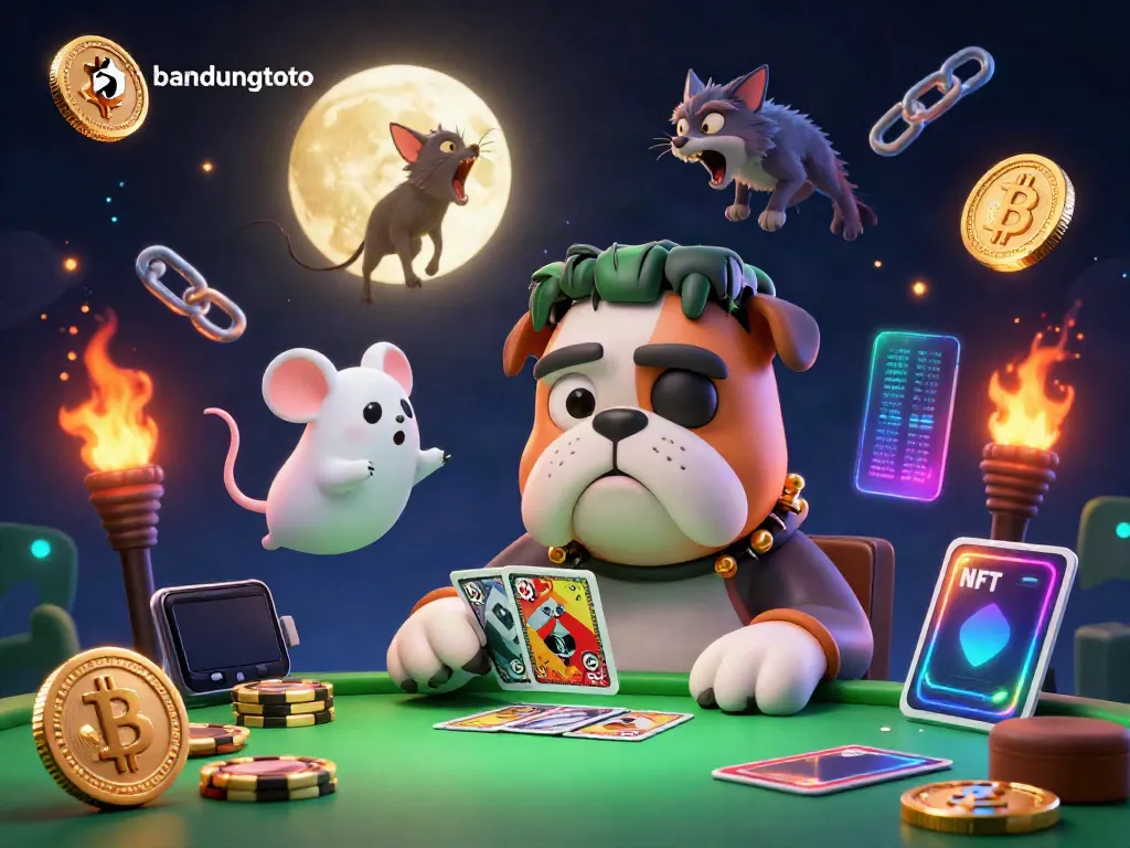 Engaging scene with bandungtoto theme showcasing cartoon characters dealing cards amidst glowing crypto elements and rich casino atmosphere.