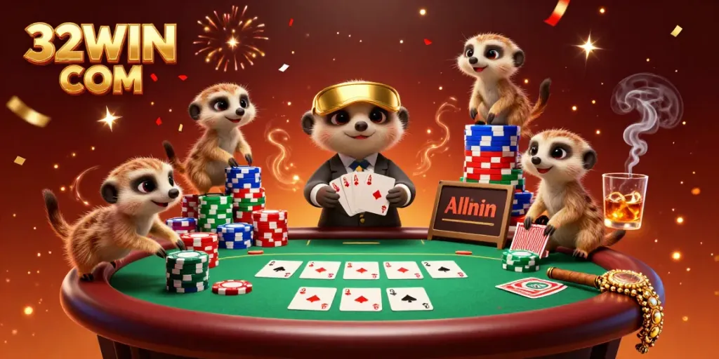 Experience the excitement of 32WIN COM in a vibrant 3D cartoon casino scene with meerkats in action.
