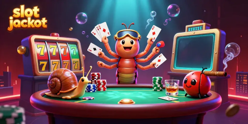 Menangkan slot jackpot dengan karakter dealer kartun dan mesin slot yang menarik di latar kasino.