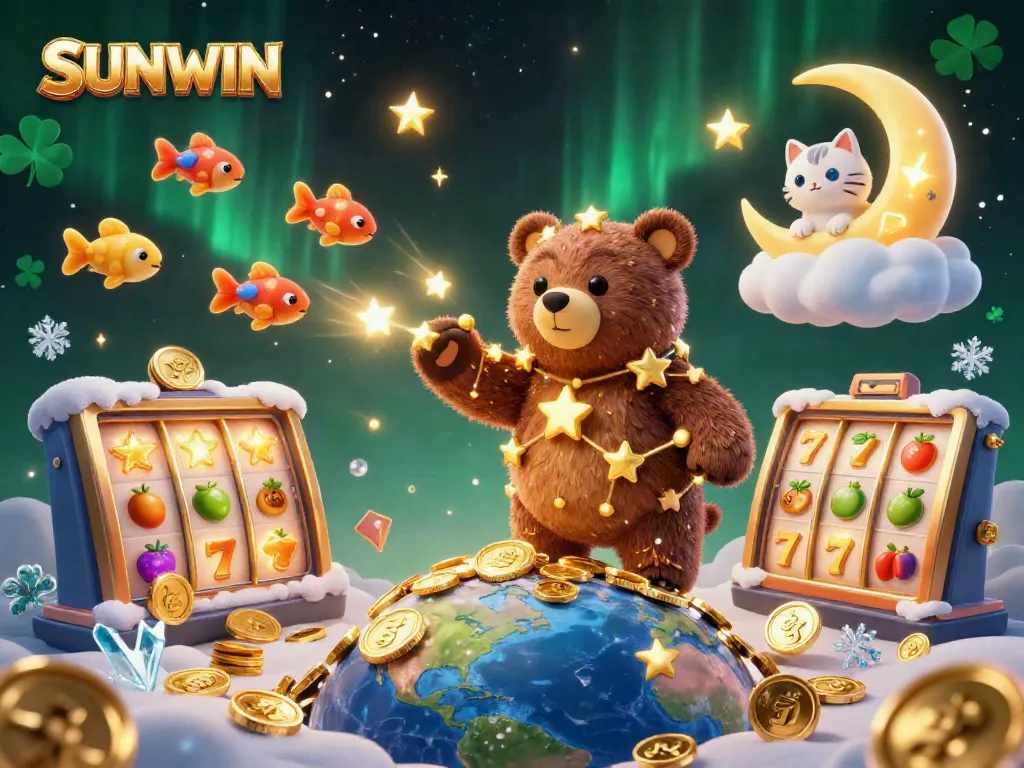 Experience gaming with SUNWIN through a vibrant 3D illustration featuring dynamic casino elements.