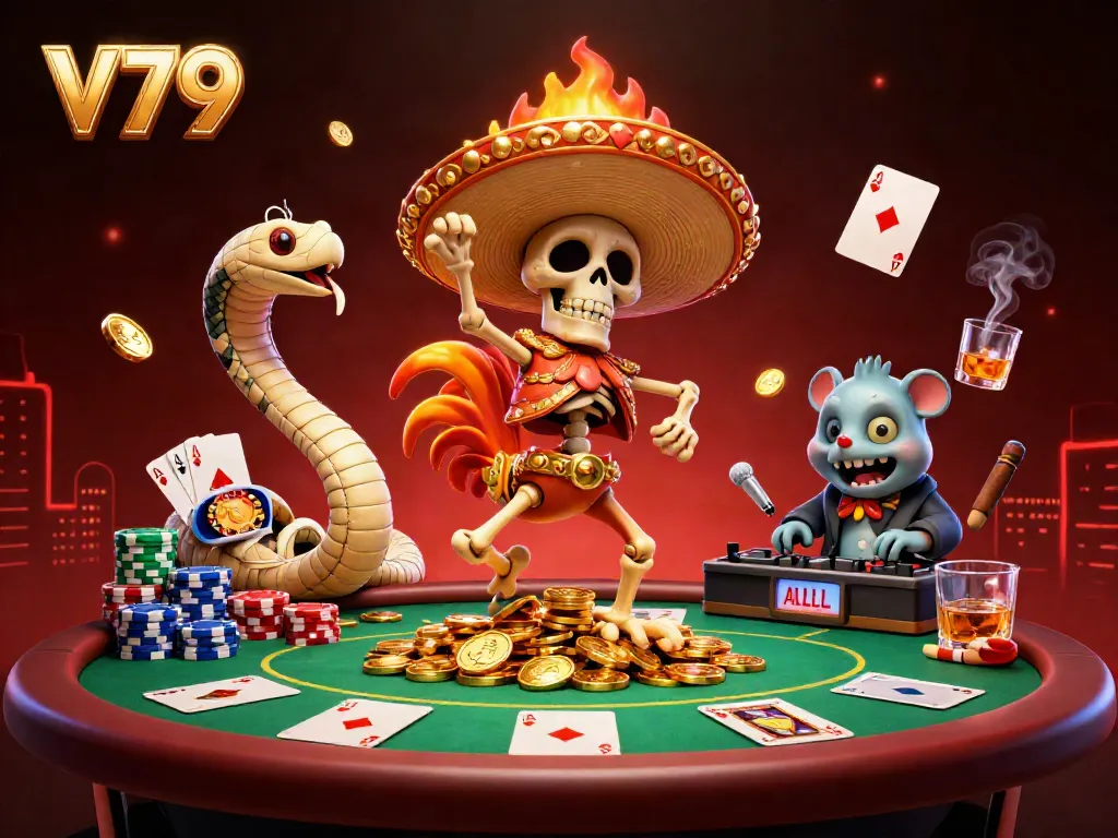 Engage with the thrilling world of V79 and its vibrant casino scene featuring lively characters celebrating in style.
