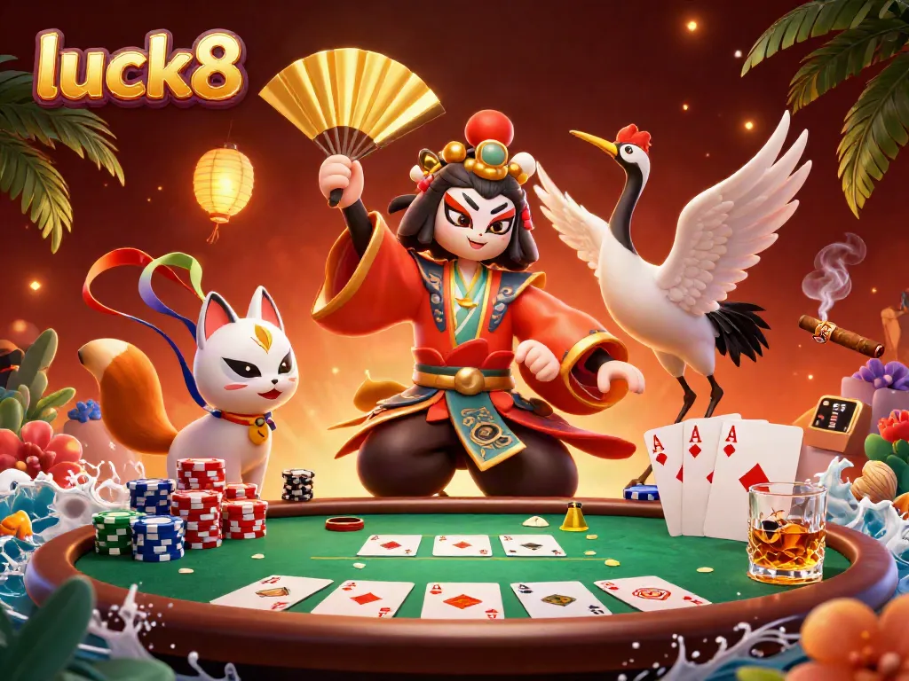 Engaging scene featuring luck8 with a kabuki warrior and kitsune mask among poker elements and vibrant decorations.