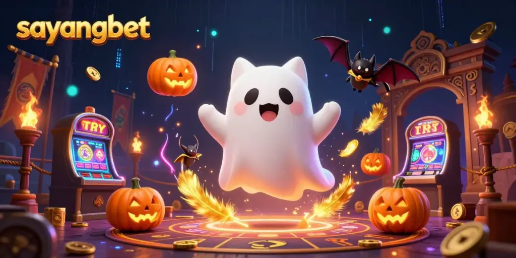 Experience the thrill of sayangbet in a vibrant haunted casino scene with a ghost cat, bat companion, and glowing jack-o-lanterns.