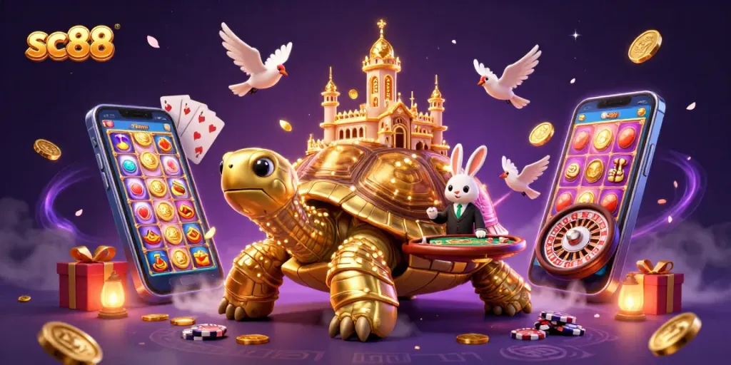 Join sc88's vibrant scene with a golden tortoise casino and a rabbit dealer amidst flying coins!