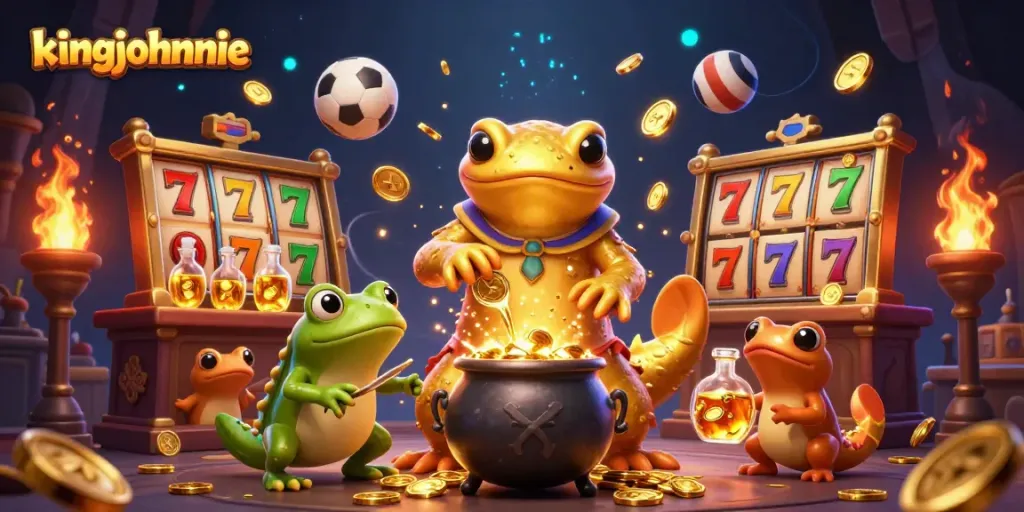 Experience the magic of kingjohnnie as the golden salamander alchemist transforms base metals into wealth in this vibrant casino illustration.