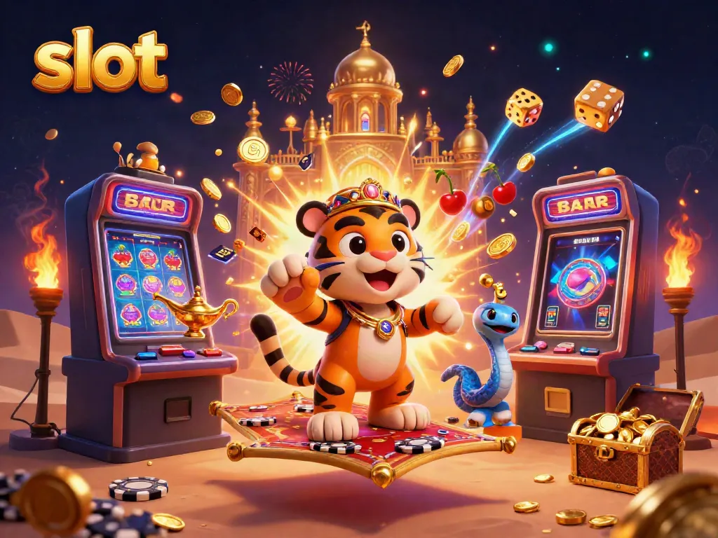 Experience exciting slot action in this vibrant 3D scene filled with festive casino elements.