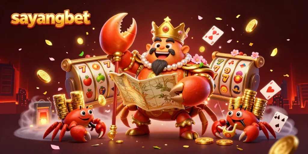 Engage with the sayangbet platform featuring a golden crab emperor and vivid casino elements.
