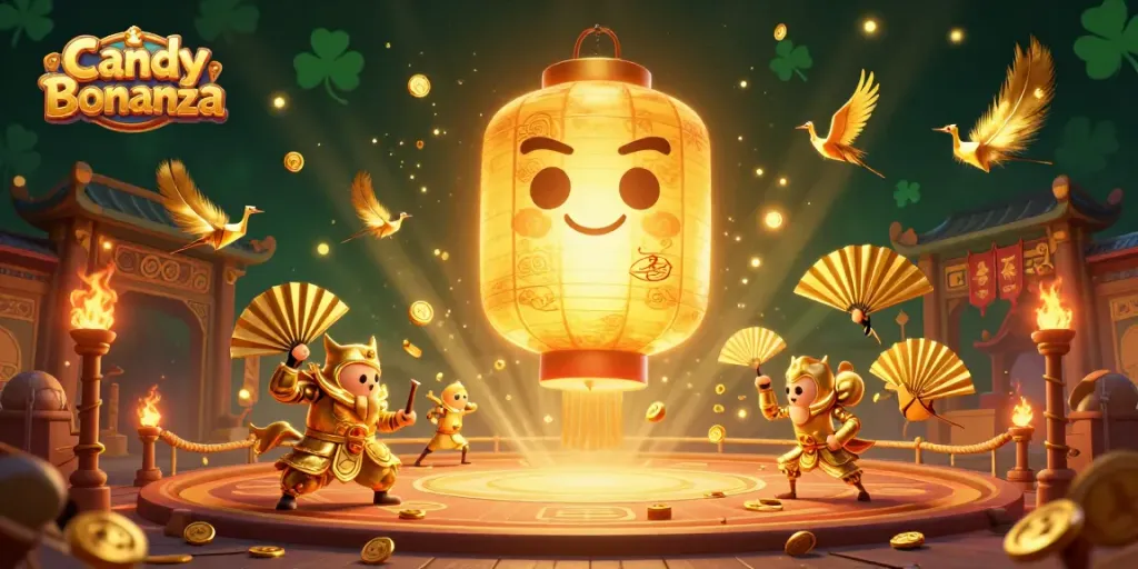Candy Bonanza showcases exhilarating slot action with a vibrant 3D casino illustration filled with golden lanterns and warriors.
