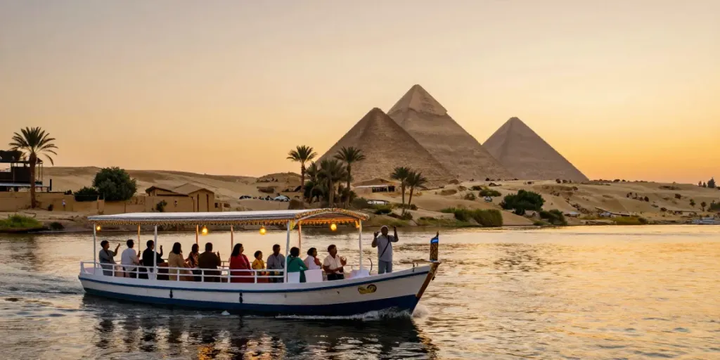 Experience an Egypt Nile cruise with sunset views and travelers enjoying the journey on the Nile River.