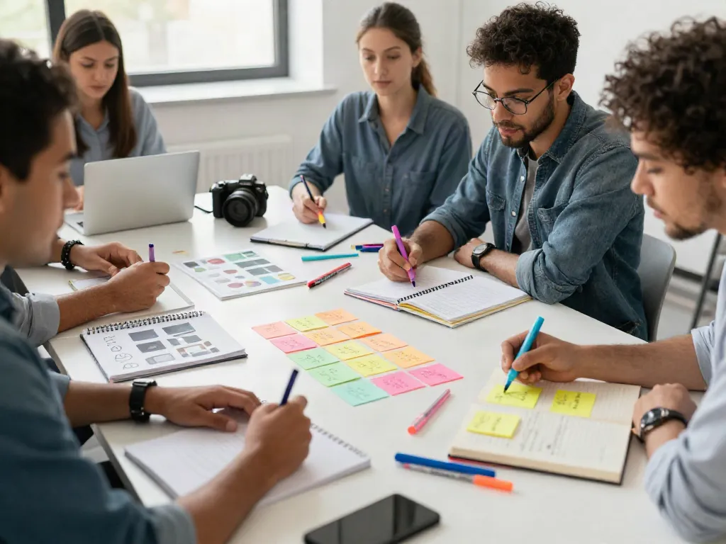 Highlighter pen supplier's creative workspace with professionals brainstorming using colorful erasable highlighters.