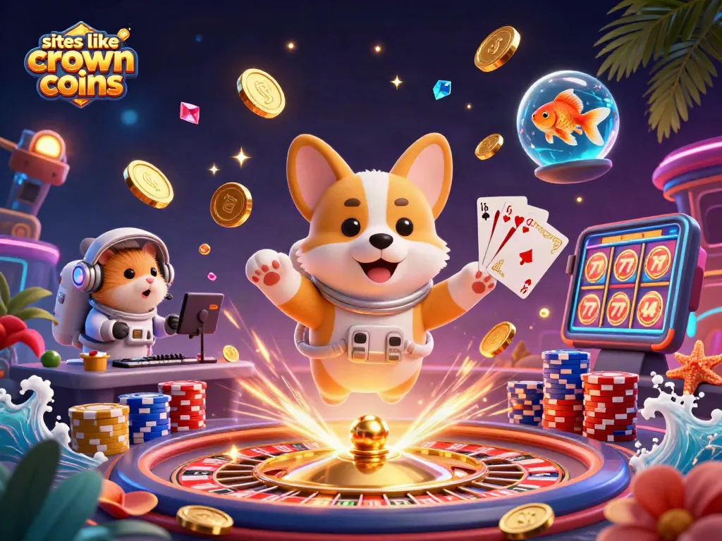 Experience thrilling wins at sites like Crown Coins with our colorful casino scene illustration.