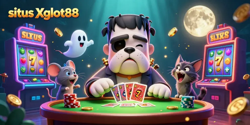 Gambarkan situs Xgslot88 dengan Frankenstein buldog yang menangani kartu di meja yang angker, dikelilingi slot berwarna-warni dan koin emas.