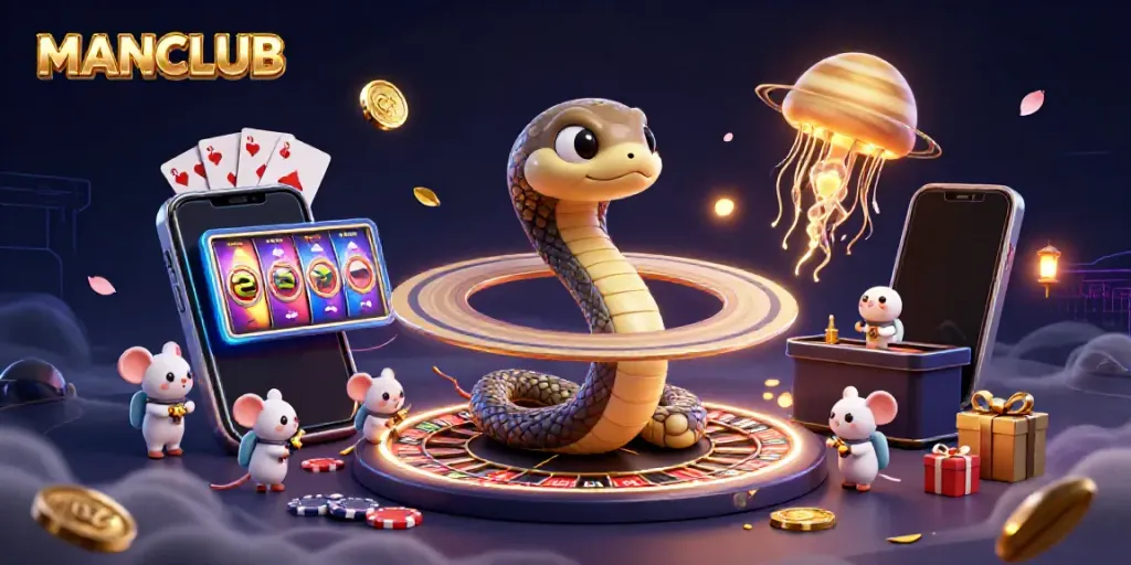 Experience the thrill of MANCLUB's cosmic casino with vibrant characters and dynamic gambling elements.