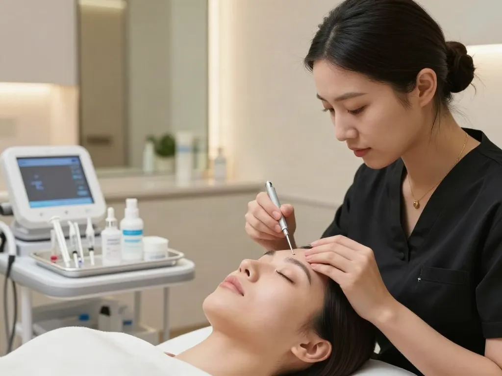Augenringe entfernen: Fachkraft führt Hyaluronsäurebehandlung in modernem Behandlungsraum durch.