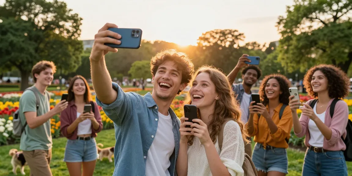 Young adults using a mobile app to check how old do I look in a sunny park setting.