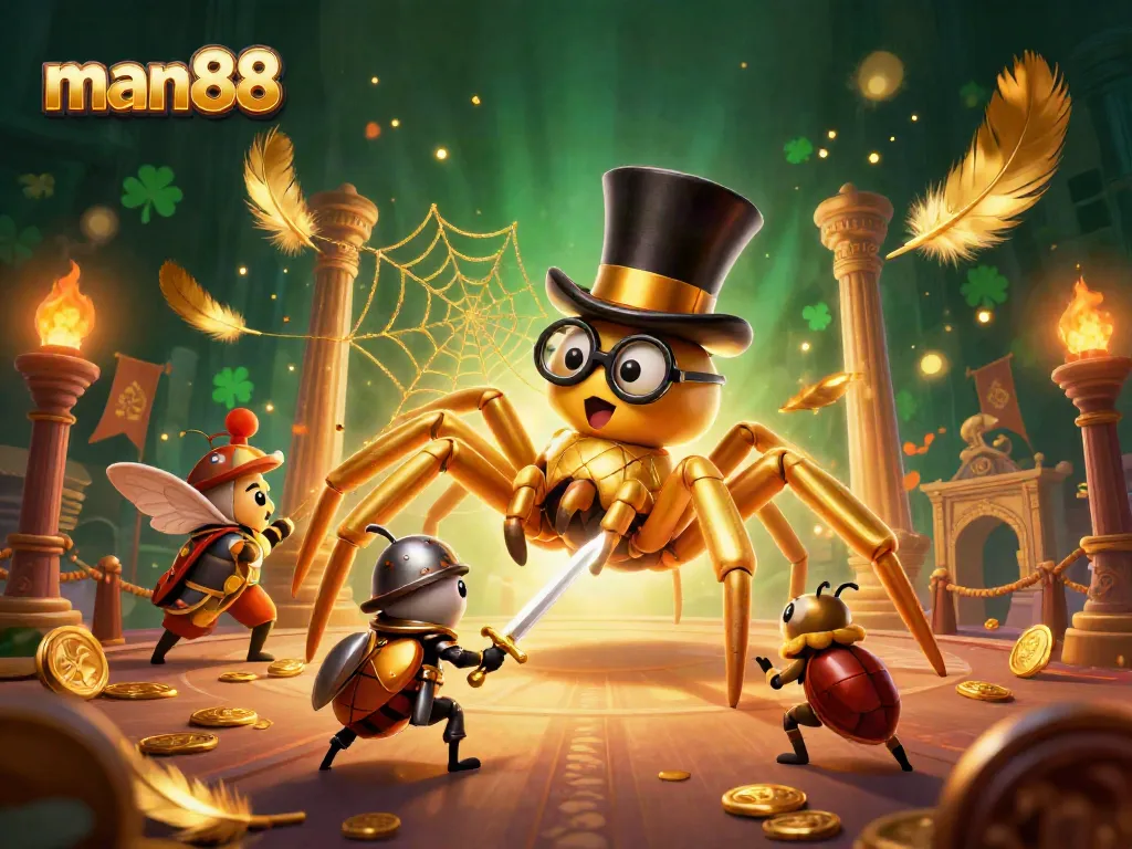 Experience thrilling wins at man88 with a golden tarantula and beetle knight in an epic casino scene.