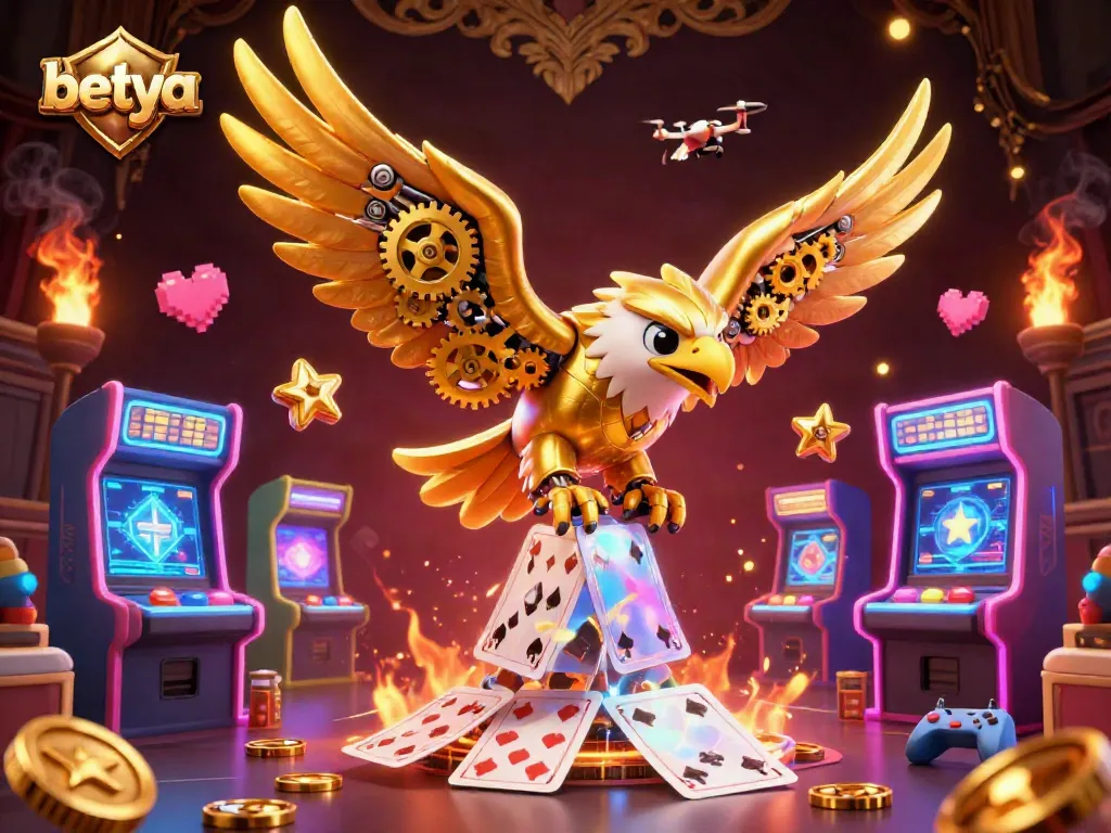 Experience thrilling gaming action at betya with a dazzling dive of a golden eagle among holographic cards.