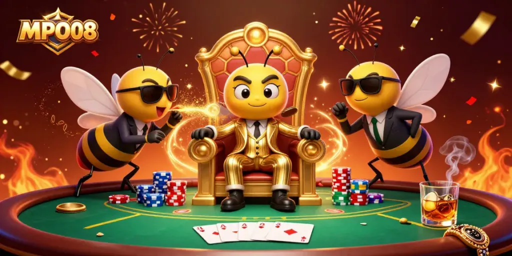Engage in thrilling poker strategies with MPO08 showcasing vibrant gameplay elements surrounded by animated characters.