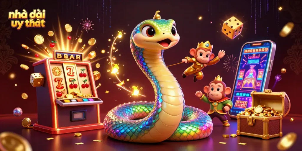 Engage with Nhà cái uy tín through a vibrant 3D casino scene filled with excitement and winning elements.