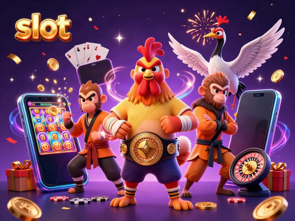 Slot yang menampilkan karakter ayam Muay Thai, monyet Shaolin, dan guru bangau dalam permainan slot yang meriah.