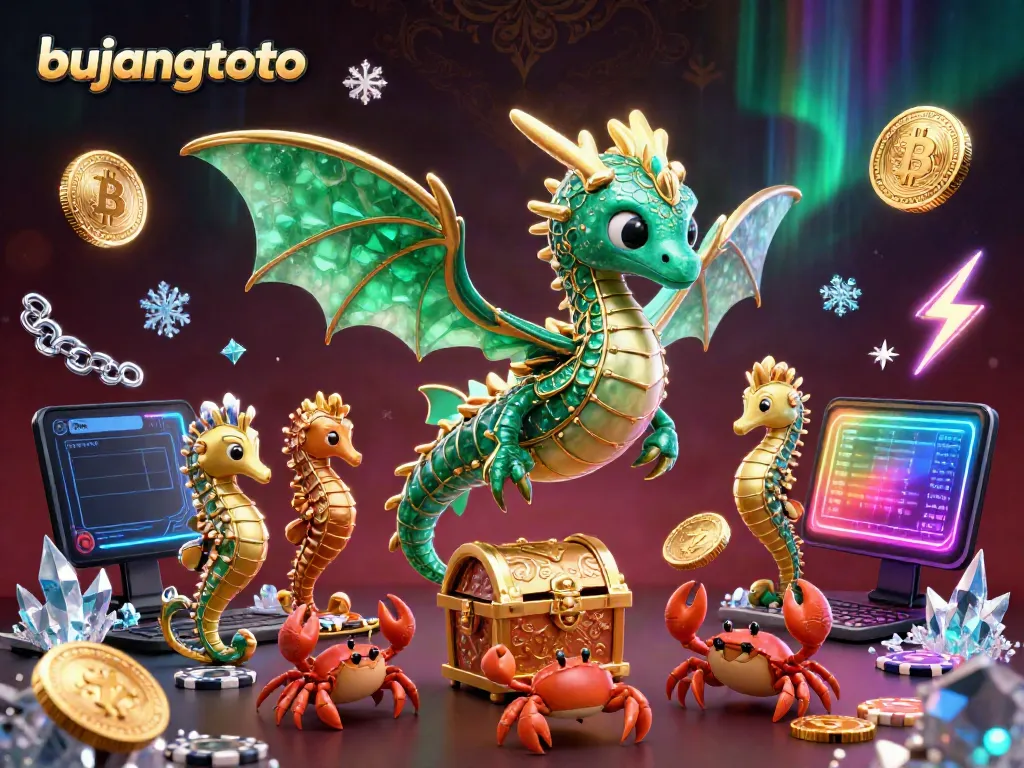 Engage in thrilling gameplay with bujangtoto as the emerald sea dragon and royal seahorse showcase a golden treasure amid neon crypto coins.