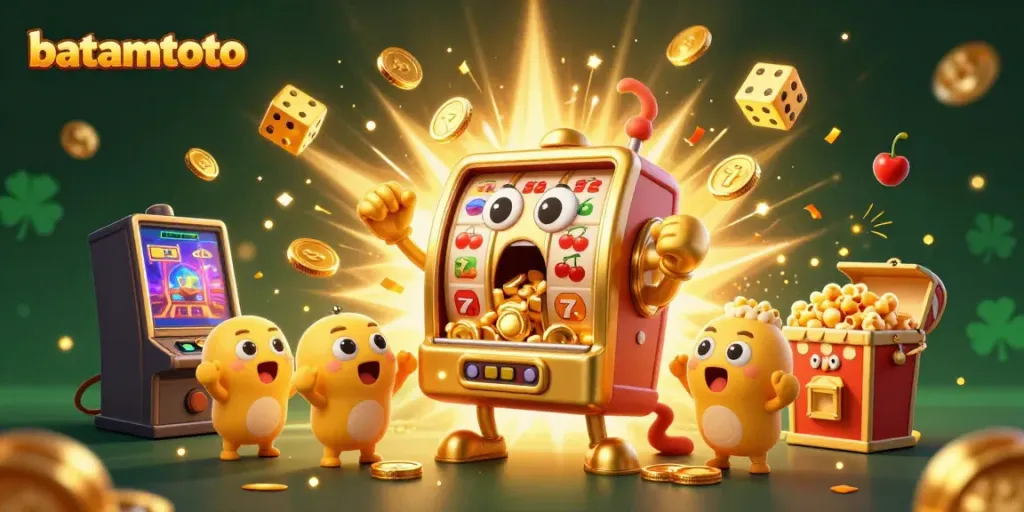 Experience the excitement of batamtoto with a vibrant 3D depiction of a golden slot machine hitting the jackpot amid cheering companions.