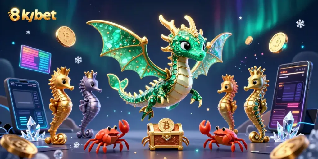 Explore the vibrant world of 8xbet featuring a stunning 3D sea dragon and crypto elements.