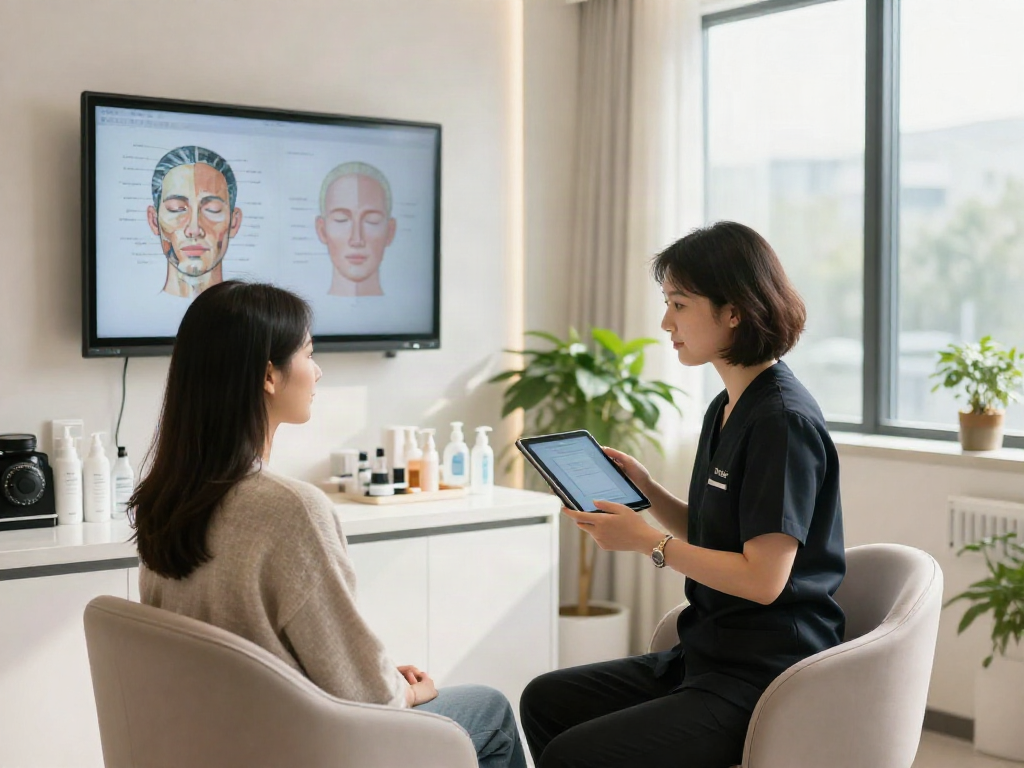 ClinicEvo cheaper than QOVES during a personalized facial consultation with digital analysis at a modern clinic.