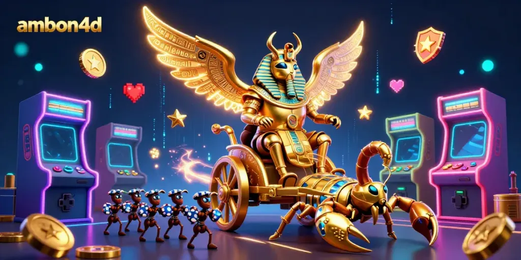 Engage in thrilling gameplay with ambon4d, where a colossal golden scarab leads a vibrant casino scene.