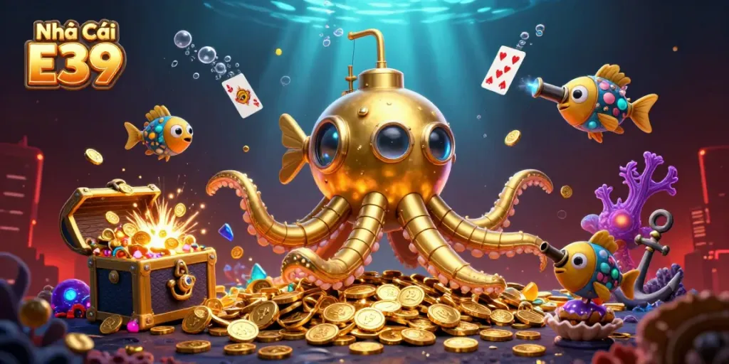Experience the thrill of winning at Nhà Cái E39 with vibrant 3D casino elements and marine-themed characters.