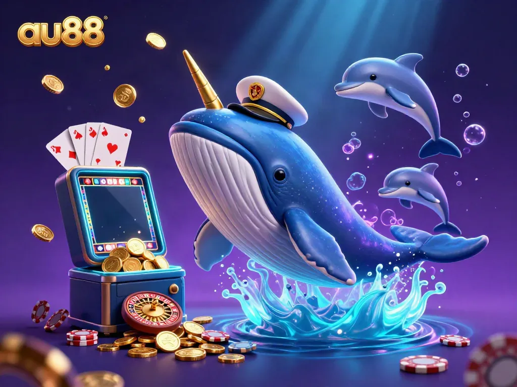 Engage with au88's vibrant casino world depicted through cartoon whales and playful dolphins amidst dynamic gaming elements.
