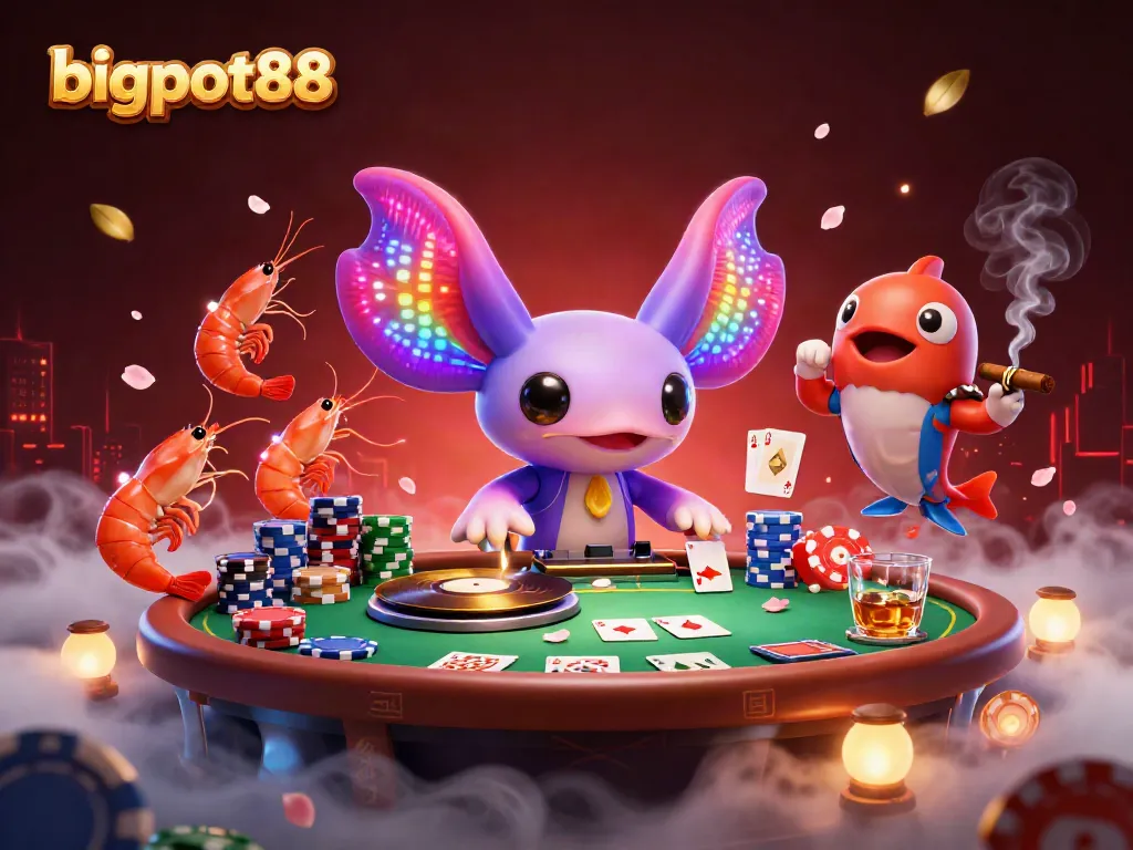 bigpot88 merayakan kemenangan dengan DJ axolotl neon bersemangat dan suasana kasino yang meriah.