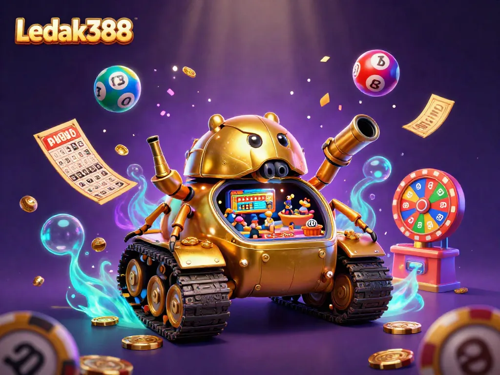 Experience the excitement of Ledak388 with a dynamic casino-themed illustration featuring a golden beetle tank.