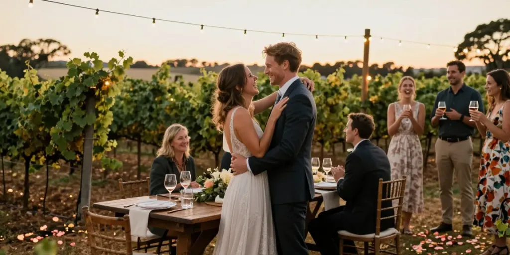 best wedding photographer Hunter Valley capturing genuine moments in vineyard setting during golden hour