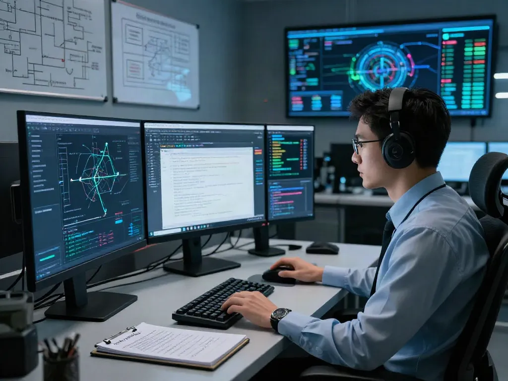 Cyber intelligence analyst monitoring real-time data in a high-tech security center.