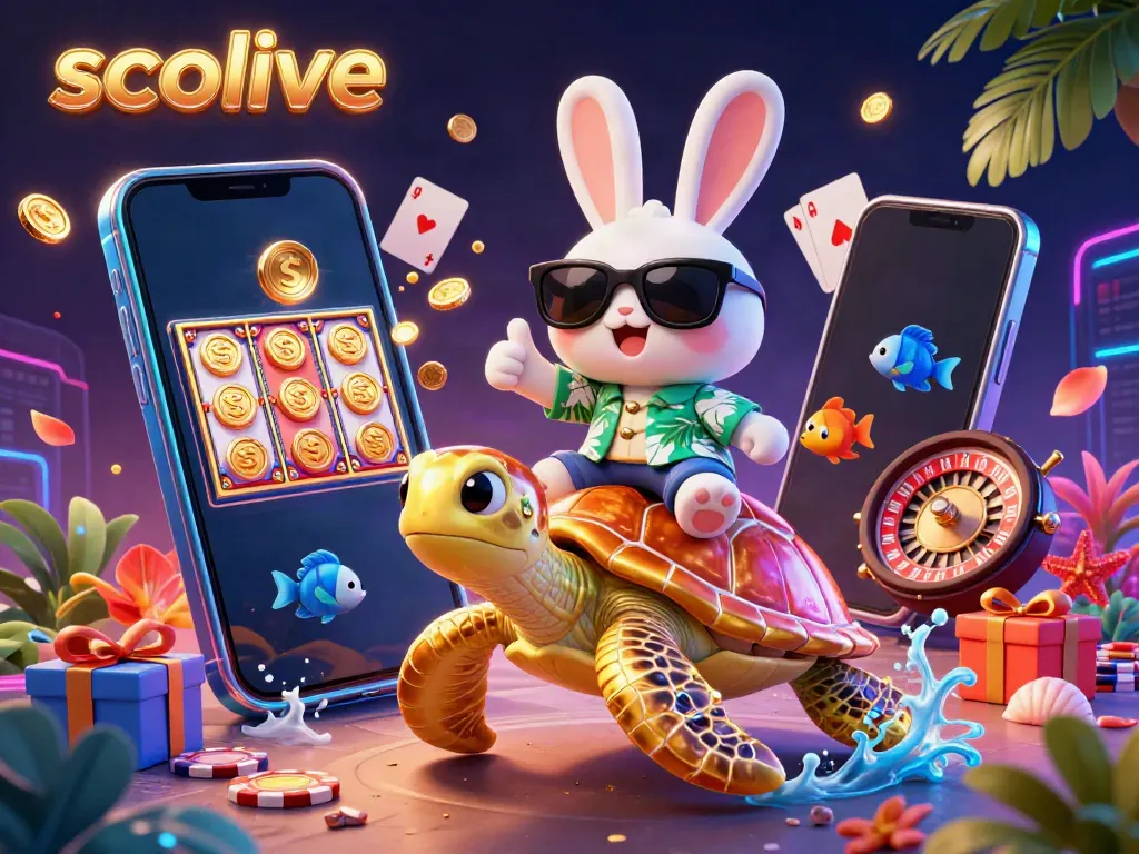 Experience the thrilling socolive casino atmosphere with an animated scene of a lucky rabbit and golden turtle amidst vibrant gambling elements.