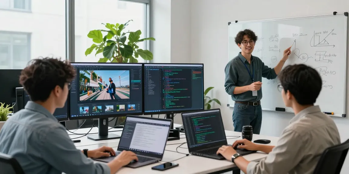 Collaborative team working on AI-Generated Image Detection software in a modern office setting.