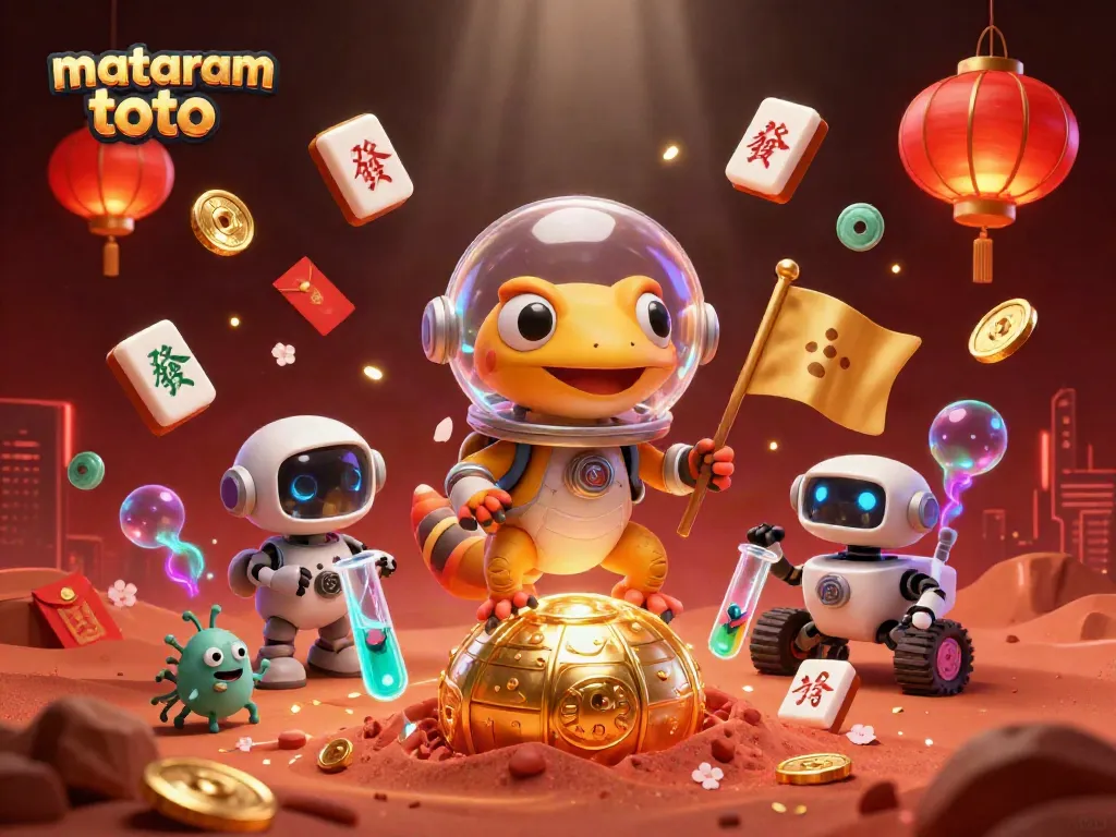 Experience the thrilling world of mataram toto with a vibrant 3D illustration of a Martian gecko discovering a golden casino.