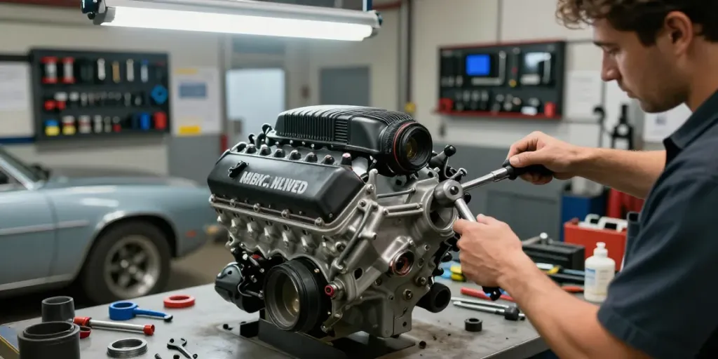 Hellcat engine for sale being inspected by a mechanic in a vibrant automotive workshop with tools and parts.