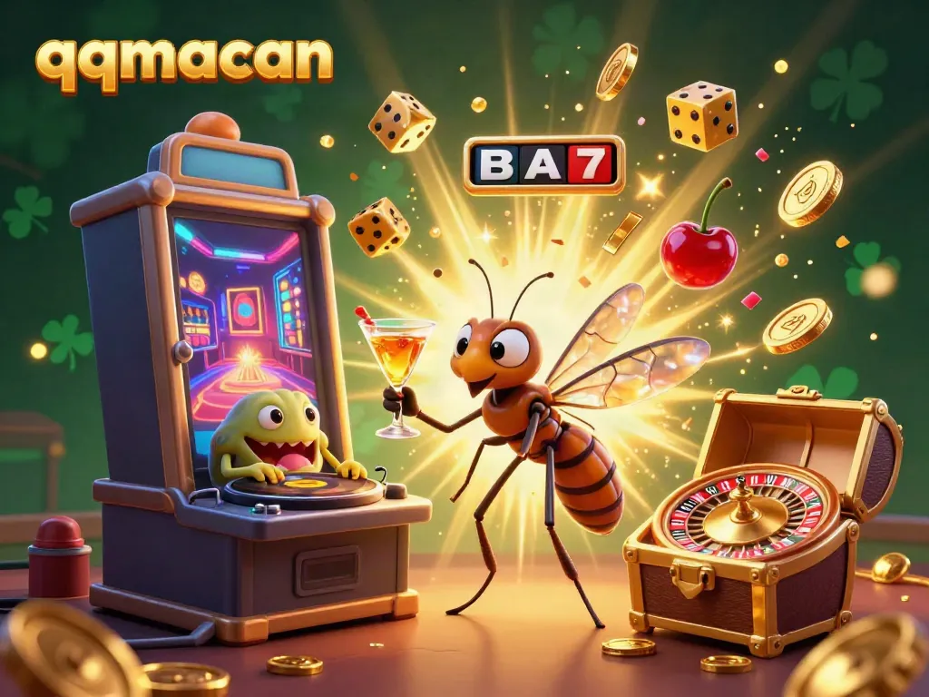 Experience the thrilling world of qqmacan with a vibrant 3D casino scene showcasing characters, games, and jackpot action.