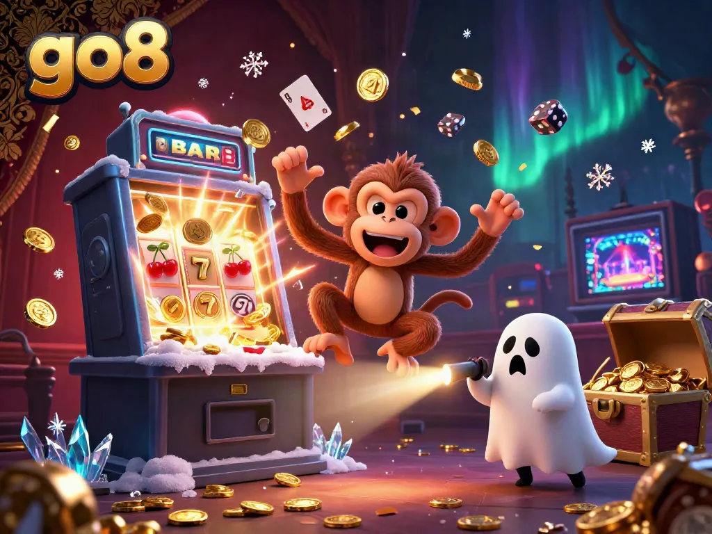 Experience the thrill of go8 with a poltergeist monkey juggling casino treasures in a haunted casino.
