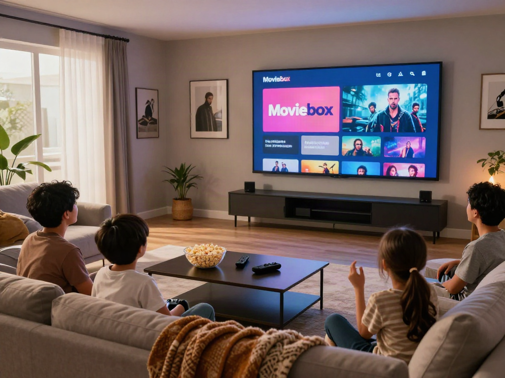 Family enjoying a movie using Moviebox in a cozy living room setting with popcorn and soft lighting.