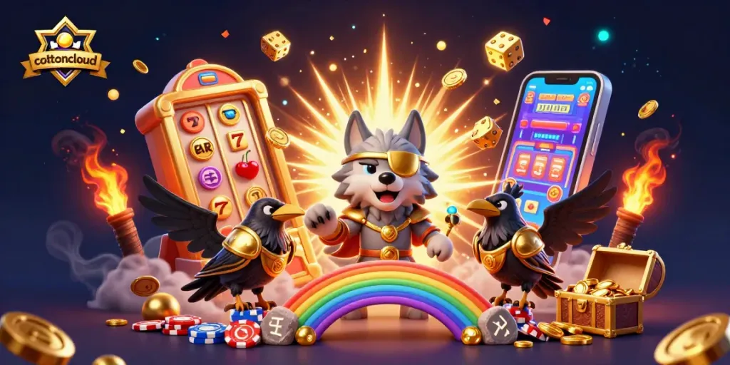 Cottoncloud reveals a vibrant casino scene with Odin and ravens, showcasing exciting jackpots and gaming elements.