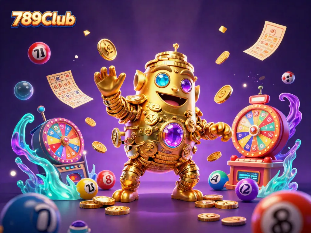 Experience the excitement of 789Club with a dazzling display of virtual casino elements amidst a vibrant, animated scene.