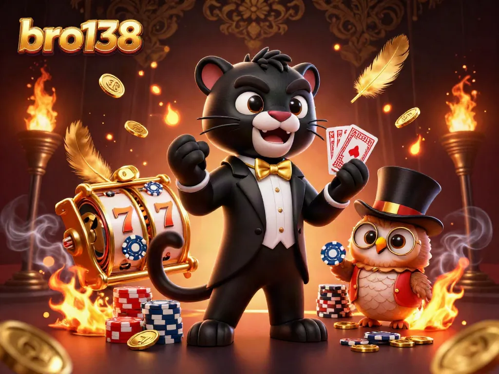 Engage in thrilling gameplay at bro138, where an elegant black panther deals cards amid exciting slot reels.