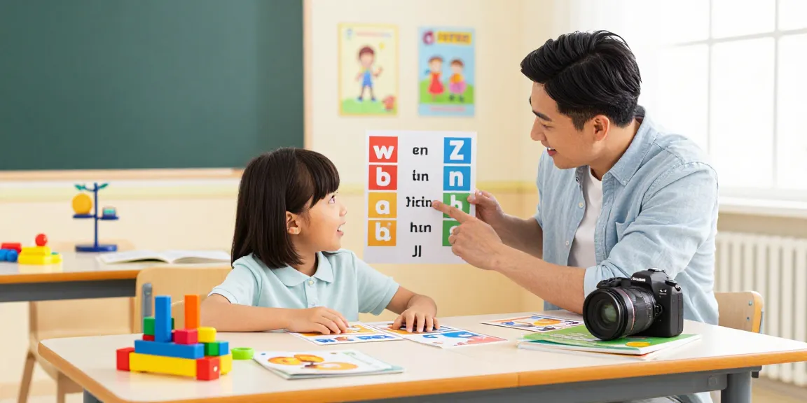 Engaging English classes for children with a tutor and excited student in a colorful learning environment.