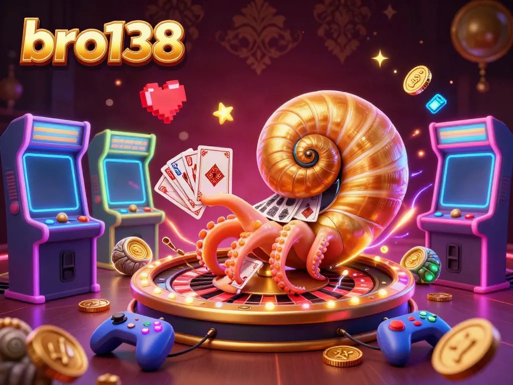 Experience the thrilling games of bro138 with a dynamic 3D illustration featuring a nautilus roulette wheel and arcade elements.